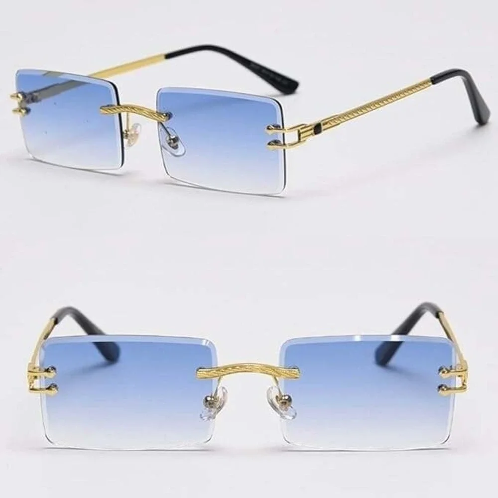 Rimless Sunglasses Men Rectangle Blue‎ Lens Gold Accents Fashion Shades Lentes